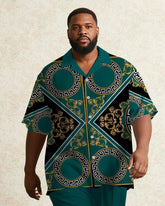 Big & Tall Men's Business Green Luxury Pattern Printed Short Sleeve Shirt Trousers Suit